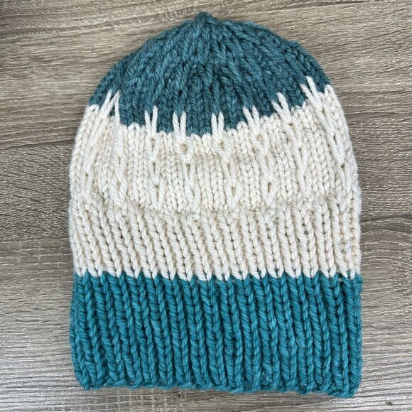 Handmade Unisex New Teal Cream Cable Knit Colorblock Winter Beanie Hat M/L - Picture 7 of 9